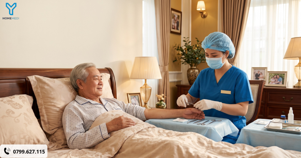 Điều dưỡng chuyên khoa HomeMedi mang trang phục vô trùng ân cần thực hiện kỹ thuật thay băng