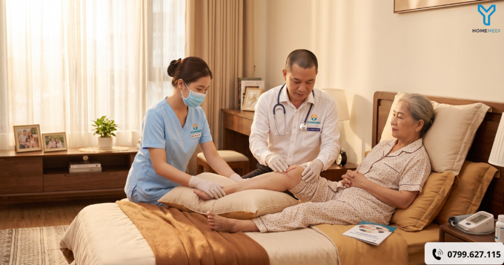 Bác sĩ gia đình và điều dưỡng HomeMedi đang tỉ mỉ kiểm tra vết mổ xương khớp