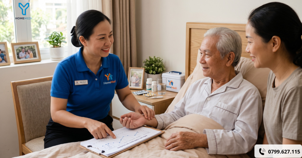 Cận cảnh Bác sĩ gia đình HomeMedi đang ân cần bắt mạch, lắng nghe chia sẻ của bệnh nhân lớn tuổi