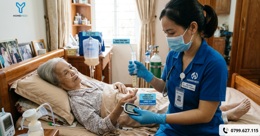 Cận cảnh điều dưỡng HomeMedi đeo găng tay vô trùng, sử dụng máy thử đường huyết tại giường