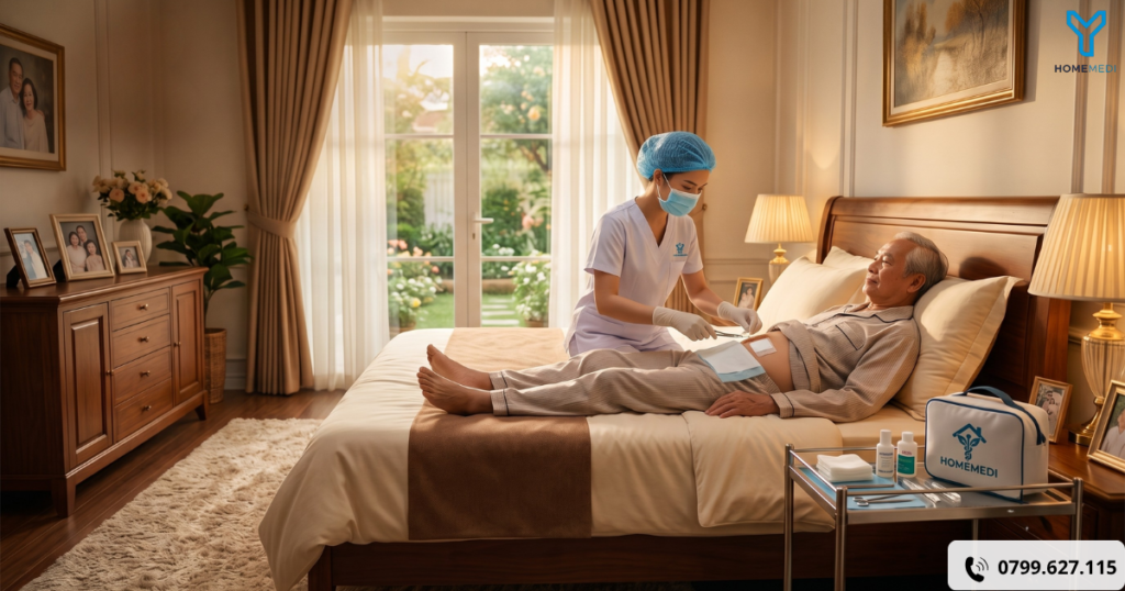 tỉ mỉ kiểm tra và thay băng vết mổ phẫu thuật cho bệnh nhân tại phòng ngủ gia đình ấm cúng.