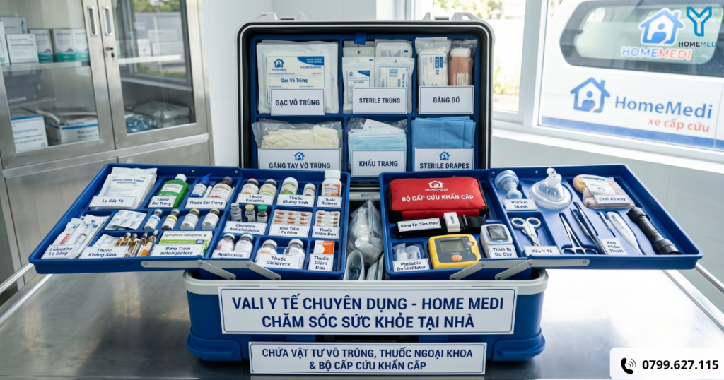 Cận cảnh khay dụng cụ thay băng, cắt chỉ ngoại khoa vô trùng dùng một lần của HomeMedi