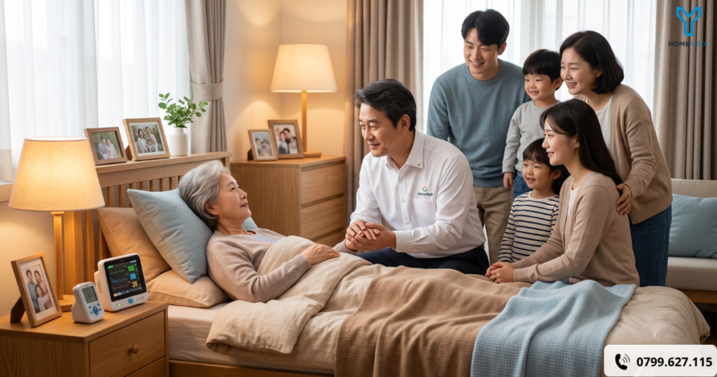 Bác sĩ gia đình HomeMedi đang ân cần nắm tay người bệnh nặng tại giường bệnh ấm cúng