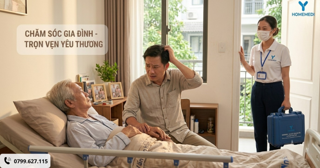 Người con đang bối rối bên cạnh giường bệnh của người cha già yếu
