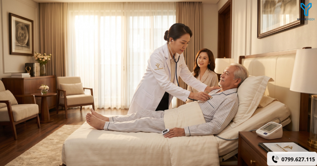 Bác sĩ gia đình HomeMedi đang tỉ mỉ nghe tim phổi và kiểm tra sinh hiệu cho bệnh nhân