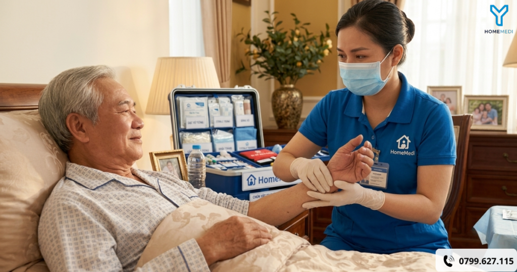 ận cảnh Kỹ thuật viên Phục hồi chức năng HomeMedi đang nhẹ nhàng thực hiện kỹ thuật vận động khớp và tạo thuận thần kinh