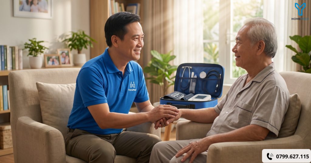 Bác sĩ gia đình HomeMedi đang ân cần nắm tay động viên bệnh nhân ung thư giai đoạn cuối tại giường bệnh gia đình