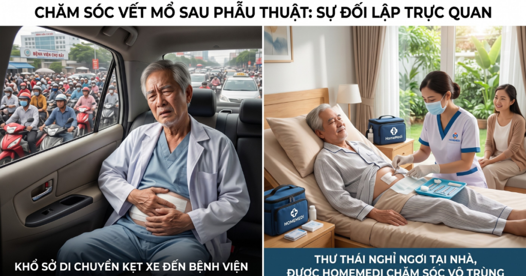 được nhân viên y tế HomeMedi chăm sóc vết mổ vô trùng.