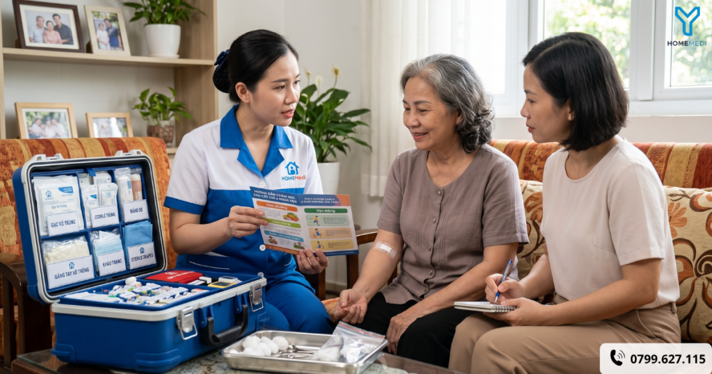 Điều dưỡng HomeMedi dặn dò chu đáo bệnh nhân và người nhà chế độ dinh dưỡng, vận động ngừa sẹo sau khi hoàn tất cắt chỉ tại tư gia.