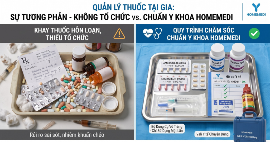 Một bên là khay thuốc hỗn loạn, thiếu tổ chức; một bên là quy trình chăm sóc chuẩn y khoa của HomeMedi