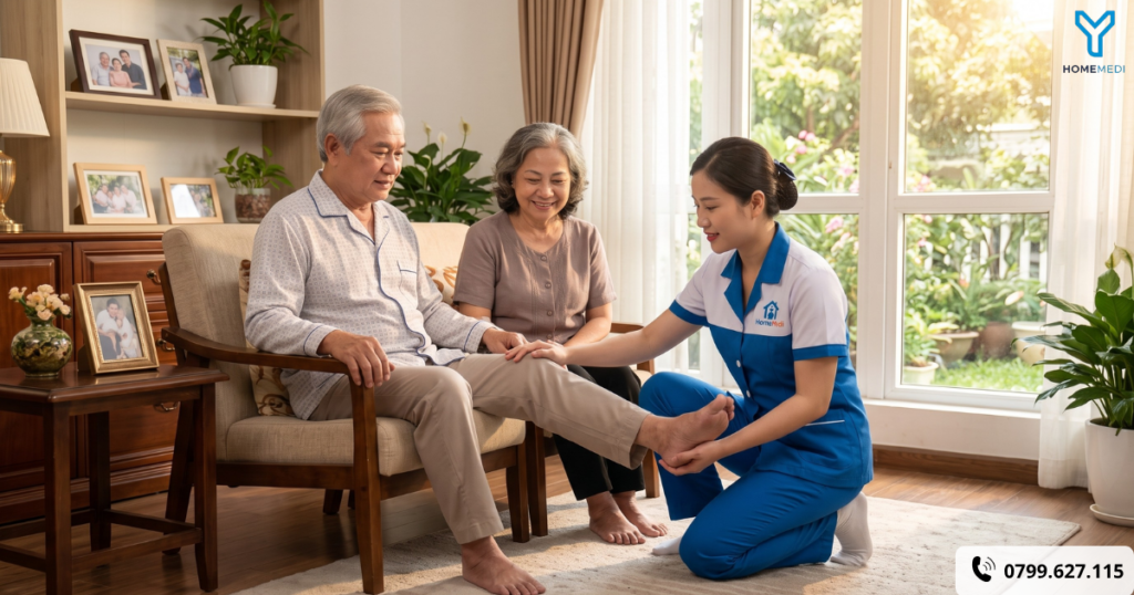 Kỹ thuật viên Phục hồi chức năng HomeMedi đang kiên nhẫn, tỉ mỉ hỗ trợ bệnh nhân sau tai biến