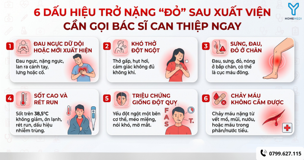 Infographic trực quan tóm tắt 6 Dấu hiệu trở nặng "Đỏ" sau xuất viện cần gọi Bác sĩ can thiệp ngay.