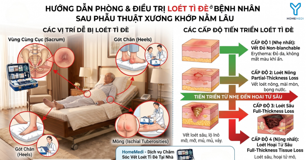 nfographic minh họa các vị trí dễ bị loét tì đè ở bệnh nhân mổ xương khớp nằm lâu 