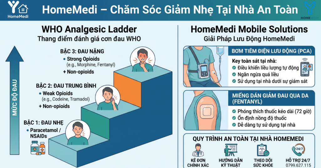 Infographic minh họa Thang điểm đánh giá cơn đau WHO và Mô hình Bơm tiêm điện