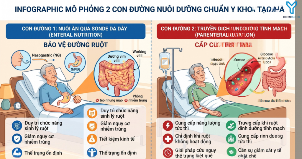 Infographic mô phỏng 2 con đường nuôi dưỡng chuẩn y khoa tại nhà: Nuôi ăn qua sonde dạ dày