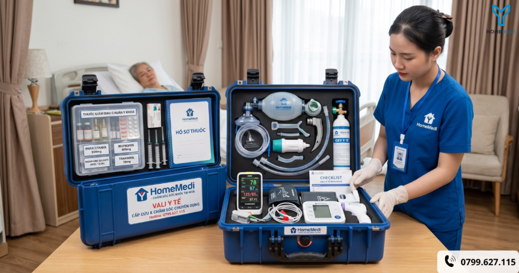 Vali y tế chuyên dụng chứa thuốc giảm đau chuẩn y khoa, bộ dụng cụ cấp cứu hô hấp và thiết bị theo dõi sinh hiệu lưu động của HomeMedi