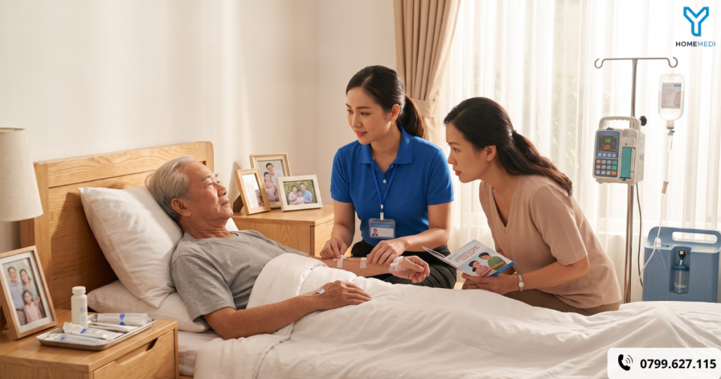 Bác sĩ gia đình HomeMedi đang ân cần kiểm tra đường truyền tĩnh mạch