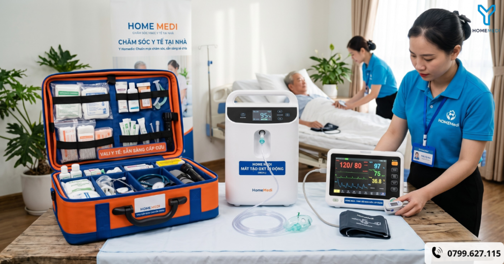Vali y tế cấp cứu chuyên dụng, máy tạo Oxy và thiết bị theo dõi sinh hiệu lưu động của HomeMedi được chuẩn bị sẵn sàng.