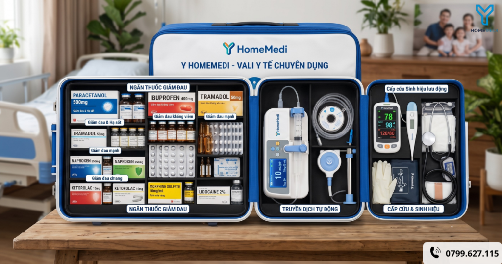 Vali y tế chuyên dụng chứa đầy đủ các dòng thuốc giảm đau chuẩn y khoa